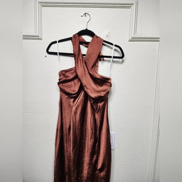 Lulu's Start of Forever Brown Satin Halter Mermaid Maxi Dress Wedding Party - Picture 7 of 12